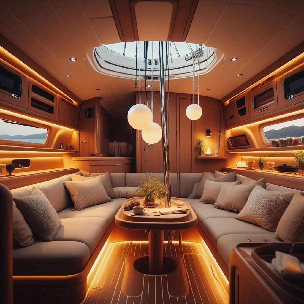 Sailboat Interior Design. Warm lighting. 