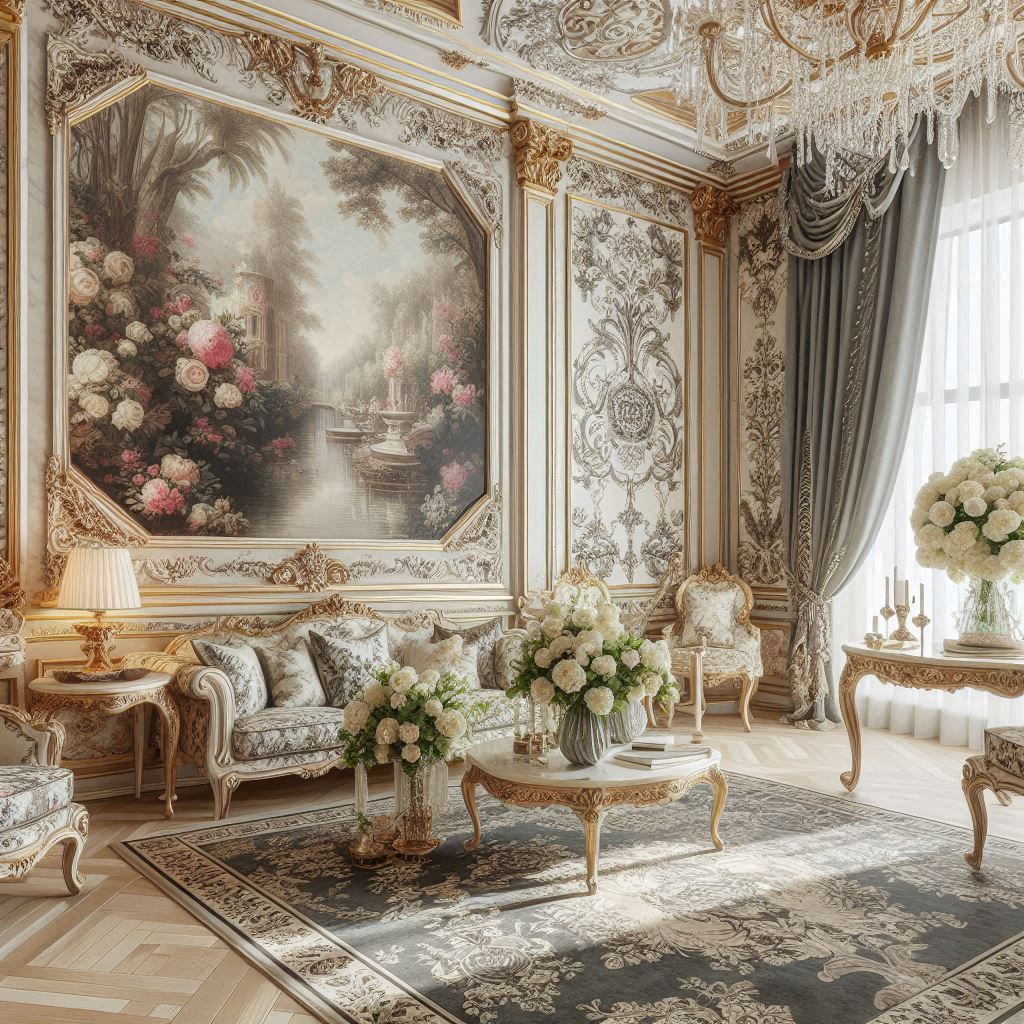modern rococo interior design. floral prints to damask designs in walls, curtains and upholstery