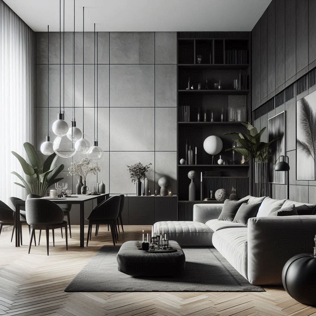 Contemporary Modern Classic Interior Design. sleek sofa. minimalist dining table