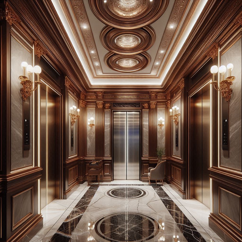 elevator interior design ideas. elegant lighting for elevator. Rich Marble, wood, glass Materials