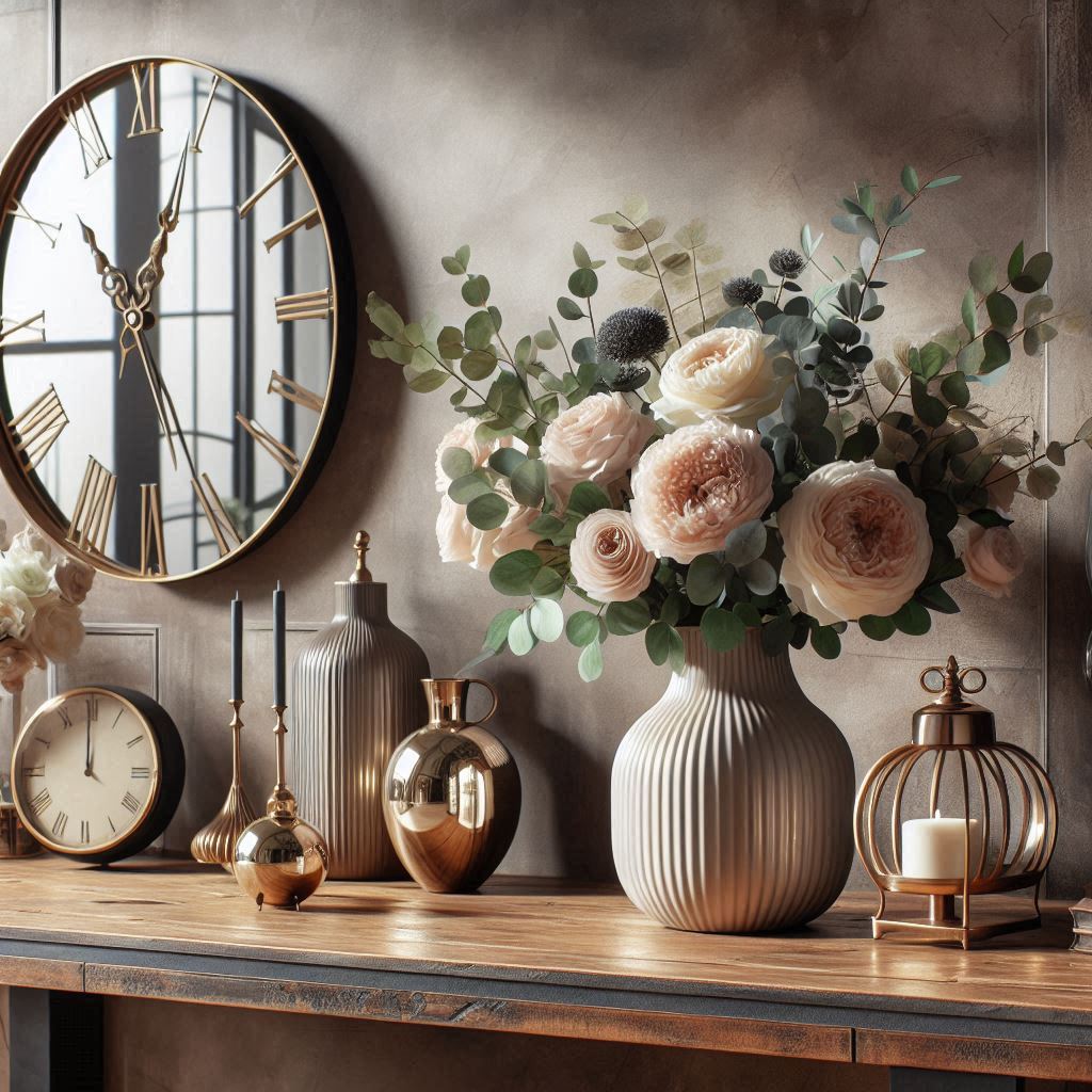 Contemporary Modern Classic Interior Design. vintage clock, elegant vases, or a decorative mirror. sleek vase filled with fresh flowers placed on a rustic wooden table.