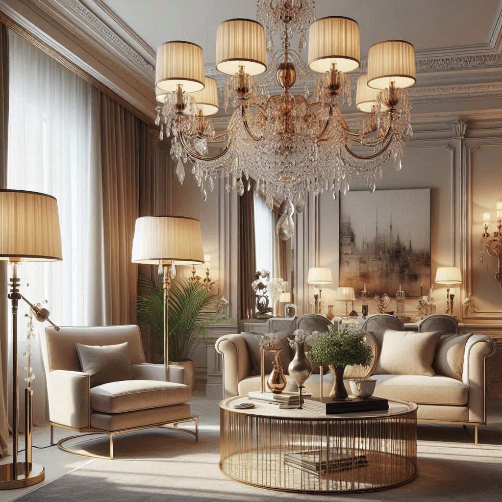 Contemporary Modern Classic Interior Design. overhead lights, floor lamps, and table lamps. chandelier with crystal accents. floor lamp with a brass finish.