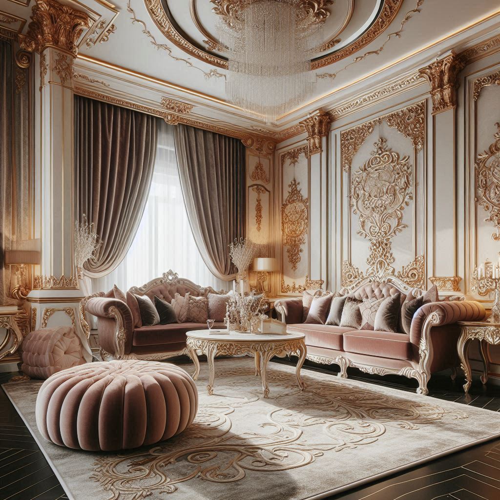 modern rococo interior design. soft velvet cushions, shiny silk curtains, and plush area rugs