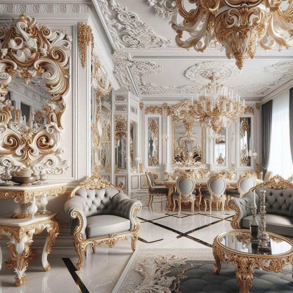 modern rococo interior design. modern rococo furniture. carvings, gilded finishes
