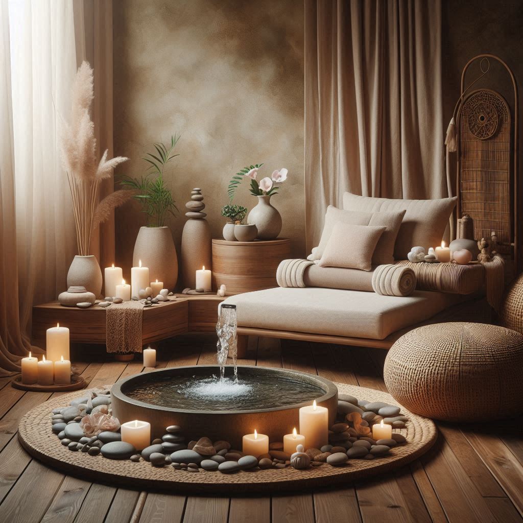 Spa Interior Ideas. Soft Textures. Calm Sound. Small Fountain