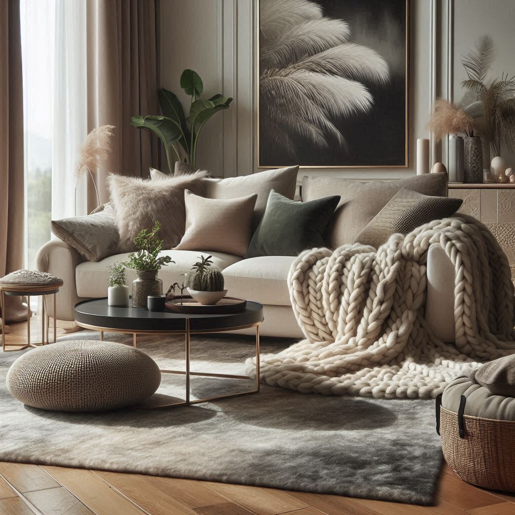 Contemporary Modern Classic Interior Design. soft pillows, a chunky knit blanket, smooth coffee table, plush area rug over hardwood floors
