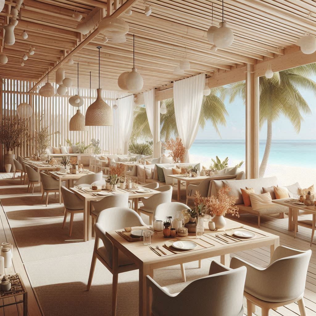 Beach Restaurant Interior Design. Natural Materials. Light Colors