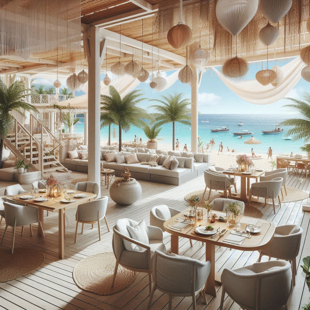 Beach Restaurant Interior Design. Comfortable Seating. Light Colors