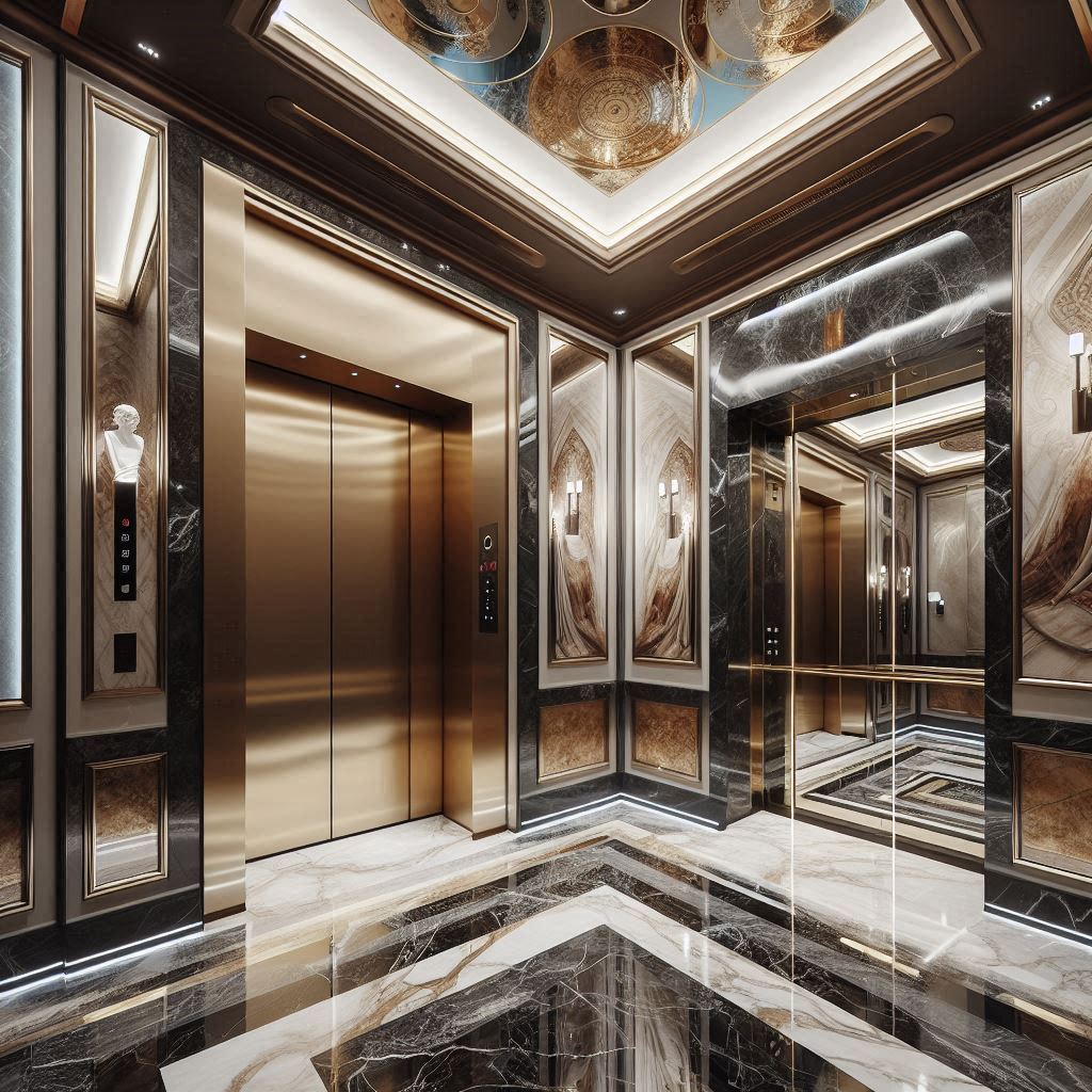 elevator interior design ideas. specific color palette. chosen colors. artwork. mirrors. elegant lighting for elevator. Rich Marble, wood, glass Materials