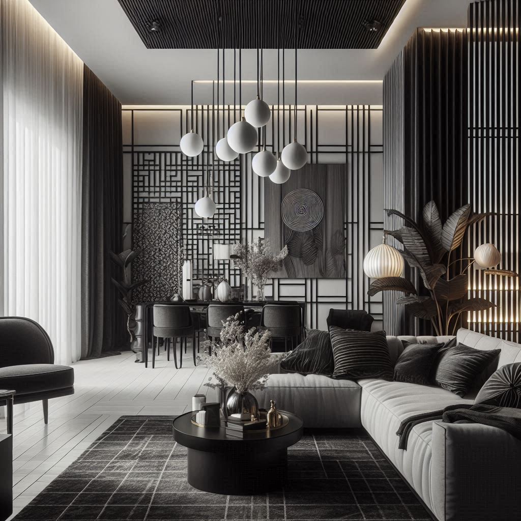 Interior Design. using Black White Grey color theme. different patterns. different textures.