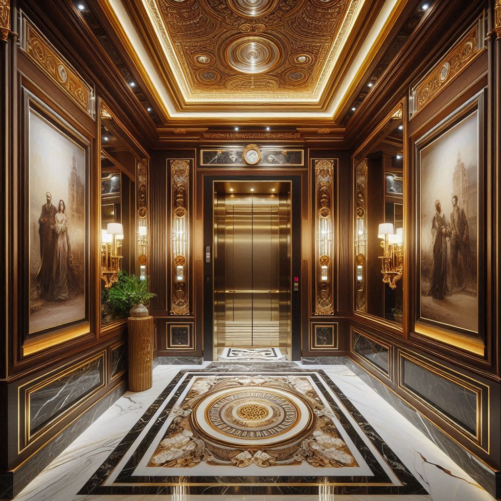 elevator interior design ideas. artwork. mirrors. elegant lighting for elevator. Rich Marble, wood, glass Materials