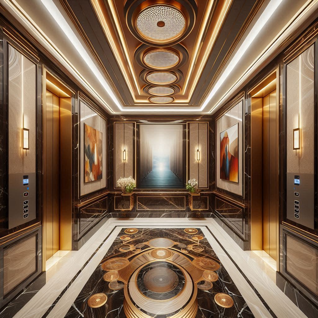 elevator interior design ideas. specific color palette. chosen colors. artwork. mirrors. elegant lighting for elevator. Rich Marble, wood, glass Materials