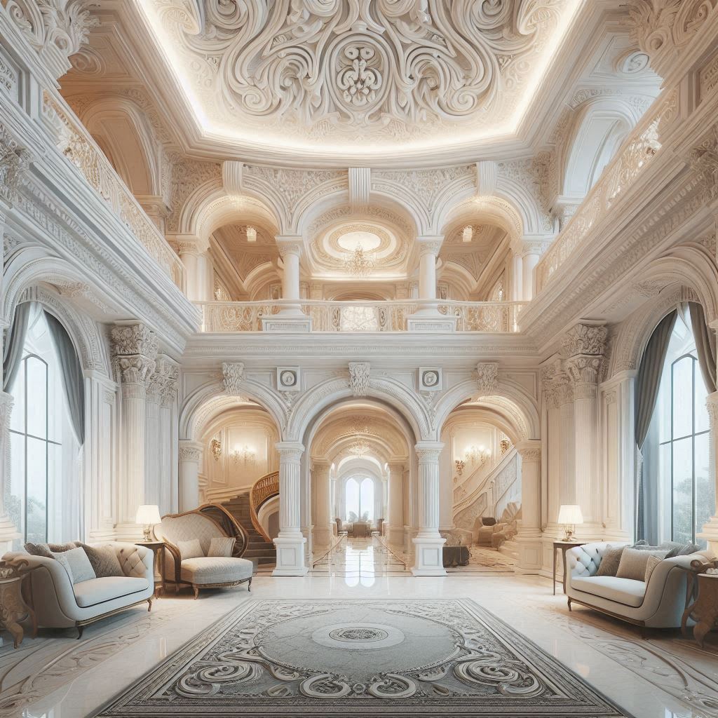 modern rococo interior design. high ceilings, elaborate moldings, and arched doorways.