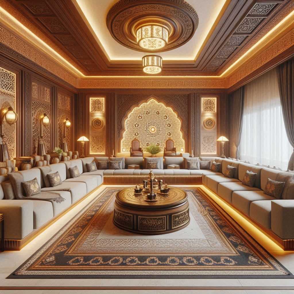 Arabic Majlis Interior Design. U Shape arranged furniture. Low coffee table in the center. 