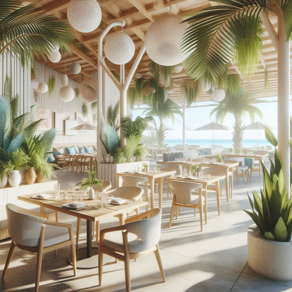 Beach Restaurant Interior Design. tropical plants. ferns. Light Colors