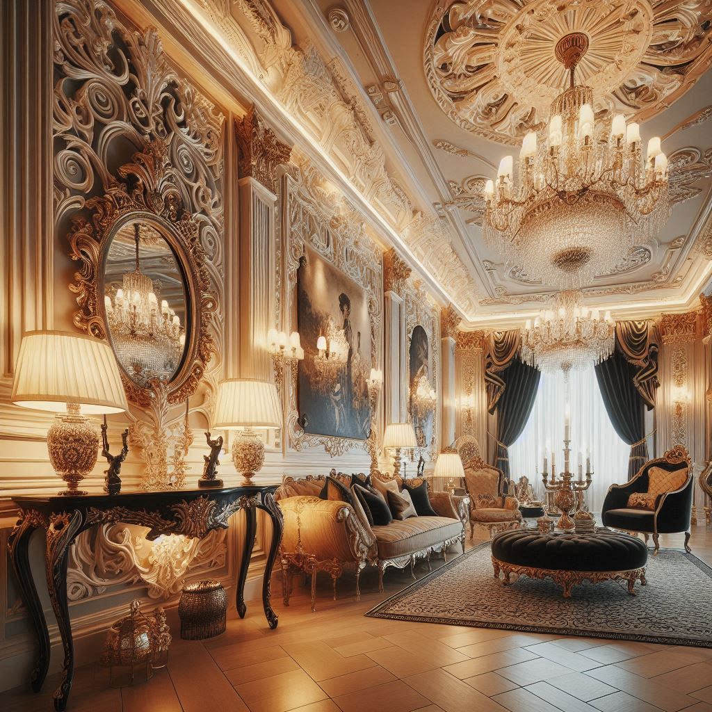 modern rococo interior design. Chandeliers and elegant lamps. warm lighting