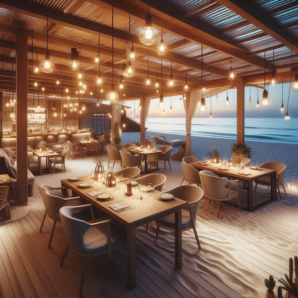 Beach Restaurant Interior Design. Soft lighting. evening