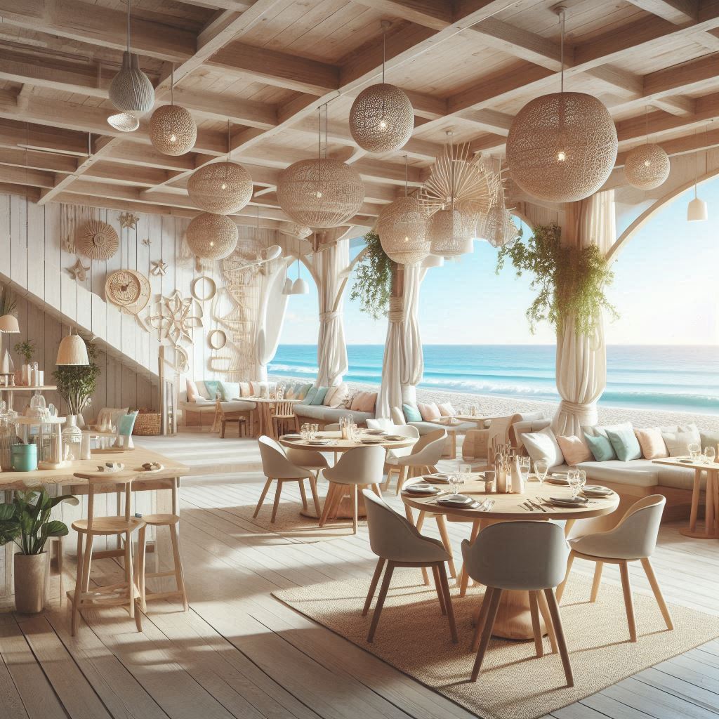 Beach Restaurant Interior Design. Coastal Decor. Light Colors