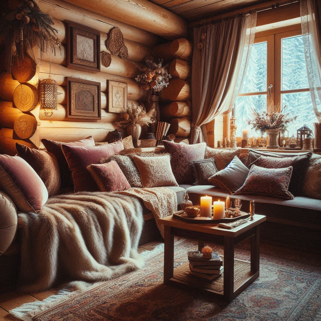 Interior Design Ski Lodge.  cozy, plush blankets and large pillows in rich, soft fabrics like velvet or wool