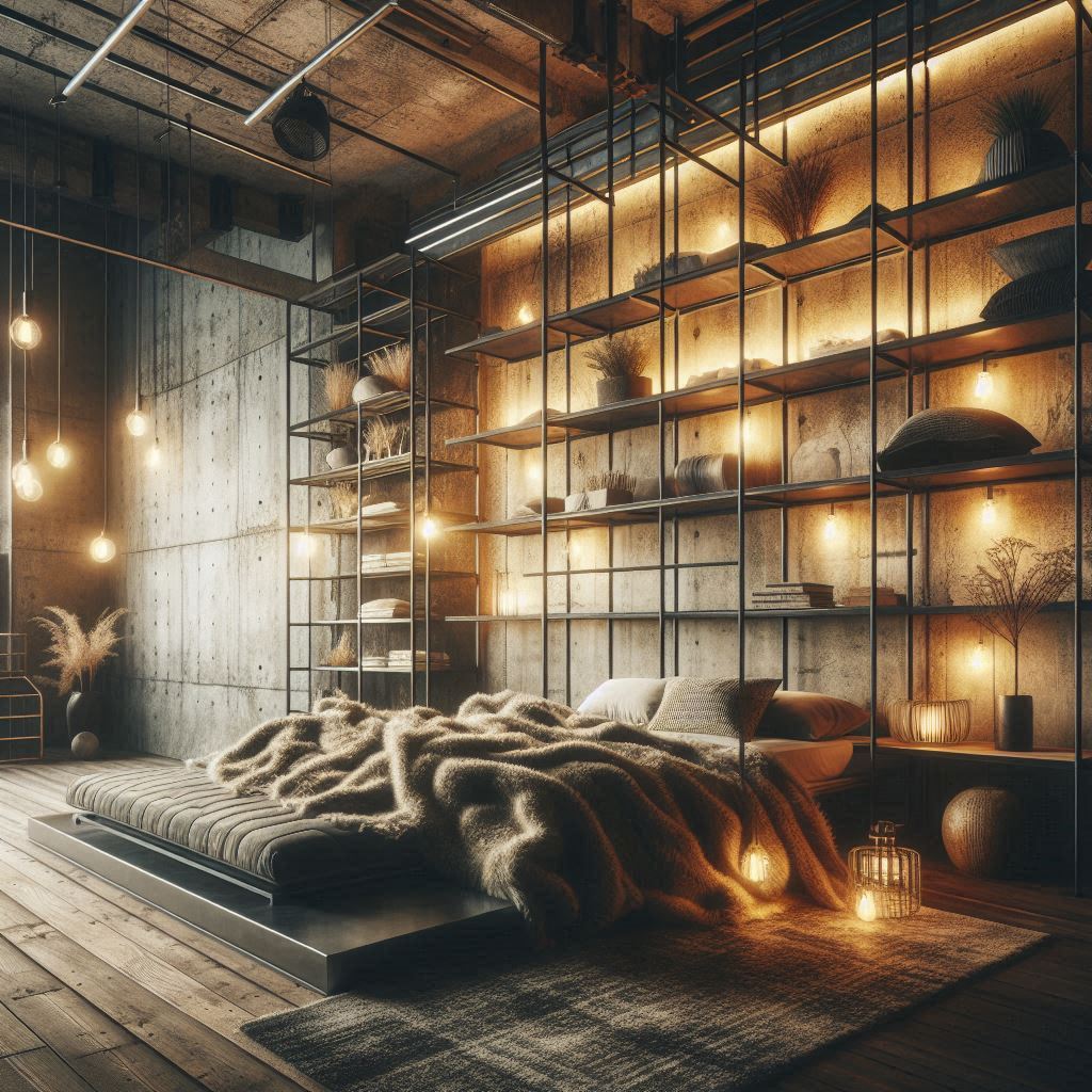 Grunge Interior Design. plush throws or warm lighting. exposed steel beams, raw concrete floors, or metal pipes. metal shelving unit or a steel-frame bed
