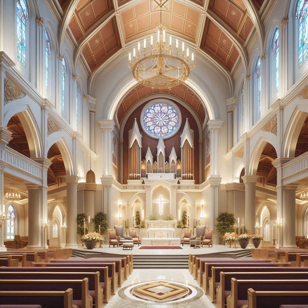 Church Building Interior Design. warm tones like light cream, beige, and pastel shades. Rich accents like deep burgundy, gold, or dark blue for key areas, such as the altar or pulpit