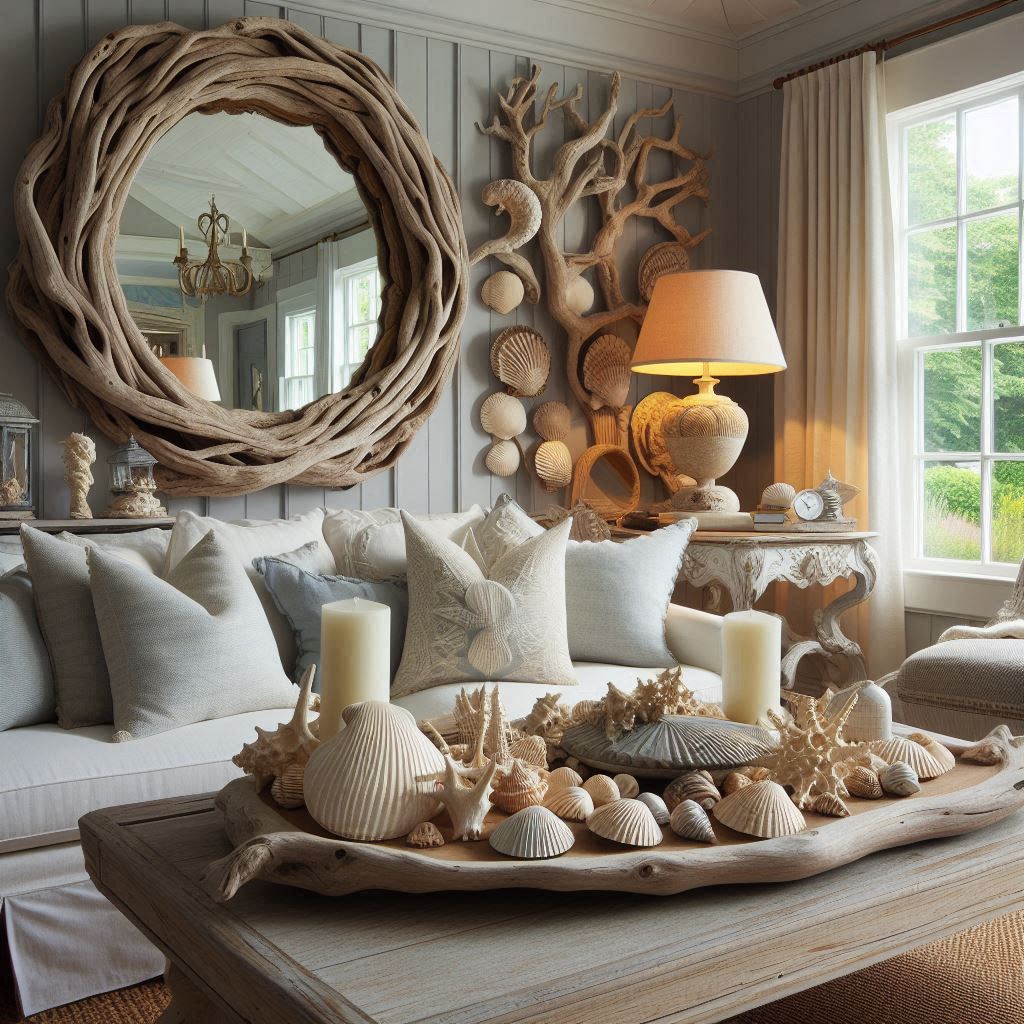 nantucket style interior design. driftwood mirror. a collection of seashells on a coffee table