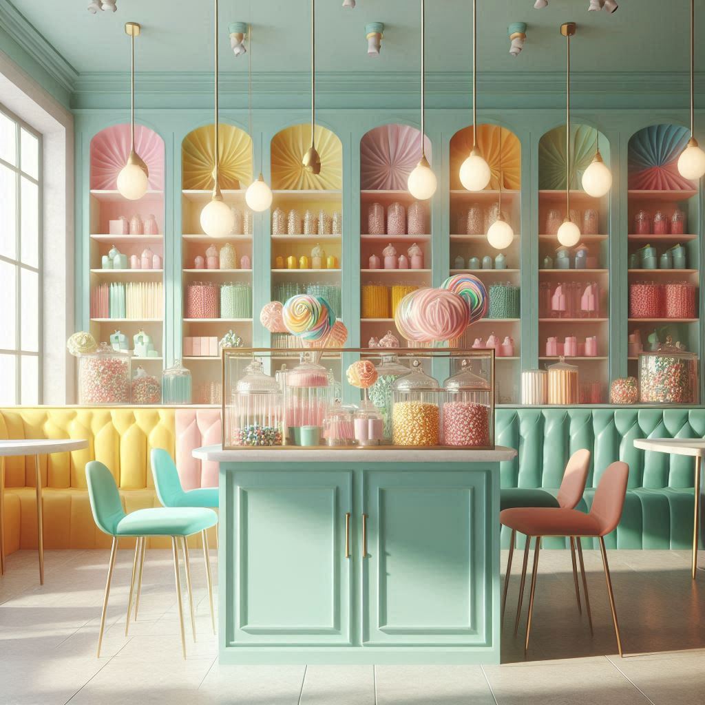 Candy Store Interior Design. bolder shades like sunny yellow, turquoise, or coral. Soft pastel shades like pale pink, mint green, or light lavender. 