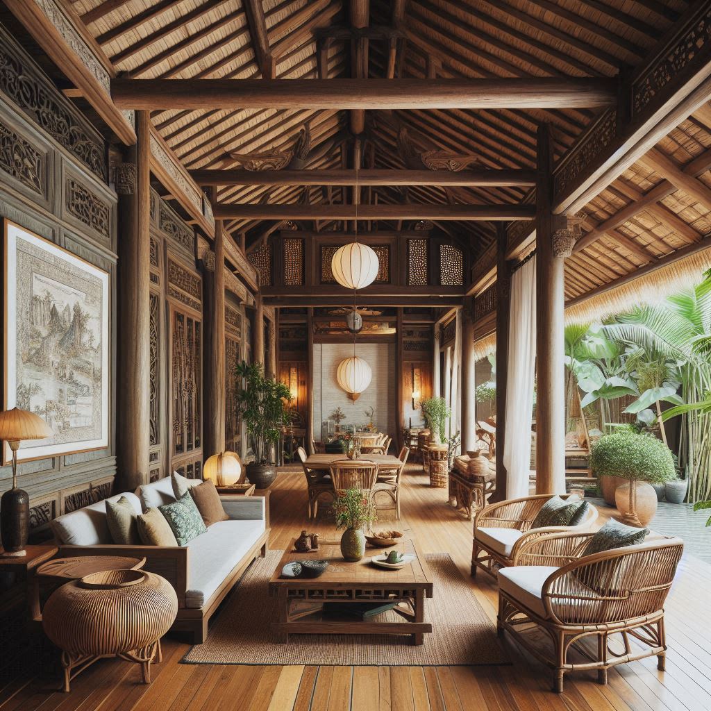 french indochina indochine interior design. wooden beams. bamboo flooring. rattan furniture.