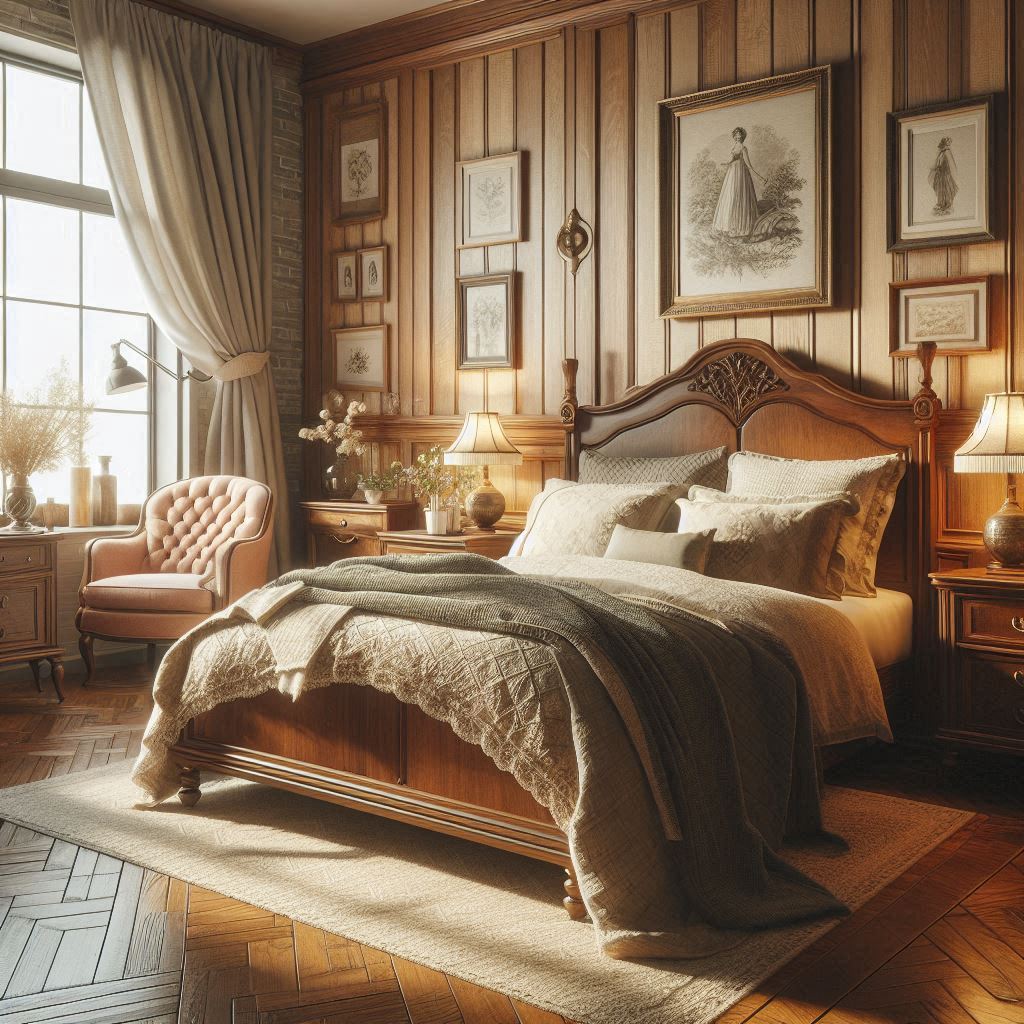 Classic American Interior Design. Bedroom. wooden headboard. a cozy quilt. window. furniture