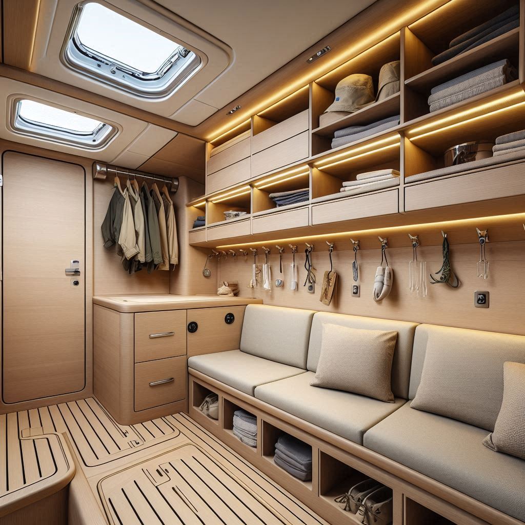 sailing boat interior design. built-in cabinets, under-seat storage, and wall-mounted shelves. hooks for hats, jackets