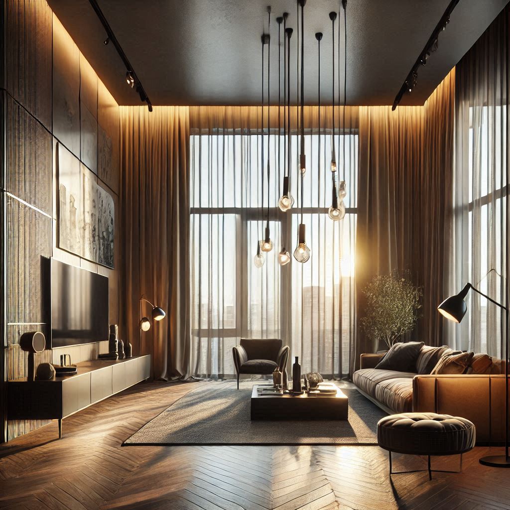 N Studio Interior Design. windows clear of heavy drapes and use sheer curtains. sleek, modern designs Pendant lights, track lighting, and floor lamps. Warm, soft lighting