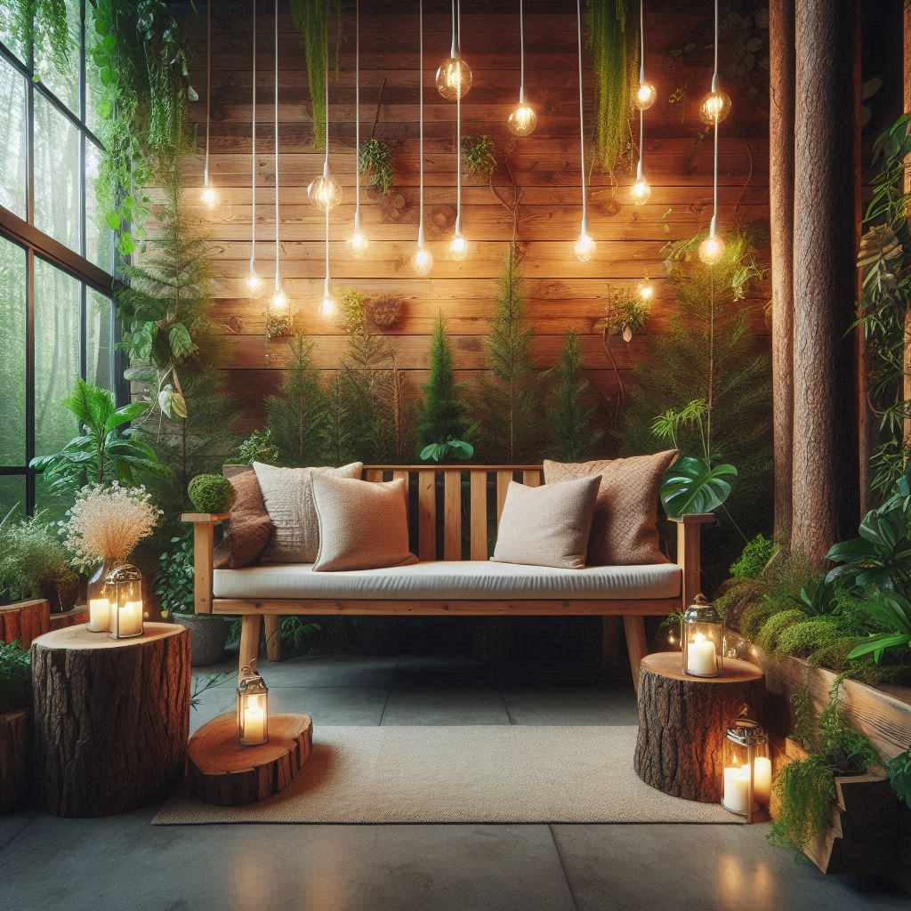 Interior Design Forest. wooden bench with cushions, string lights overhead, or a small indoor garden