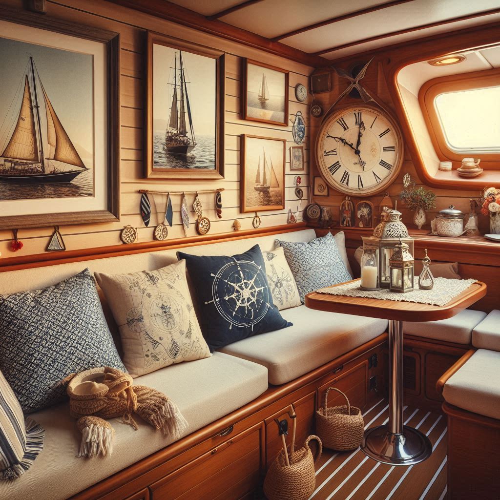 sailing boat interior design. framed photos, nautical-themed pillows, or a cozy throw blanket