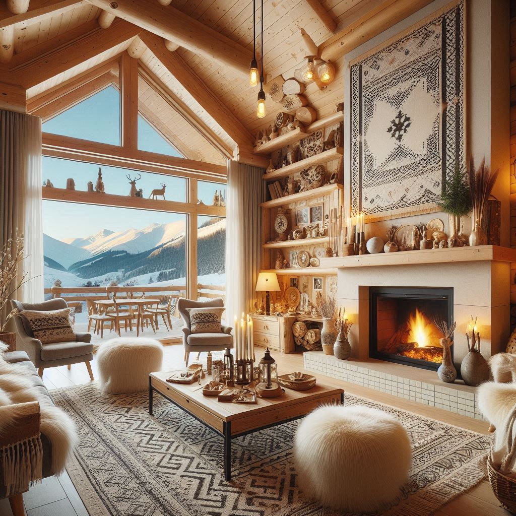 Interior Design Ski Lodge. Cozy Fireplace Area