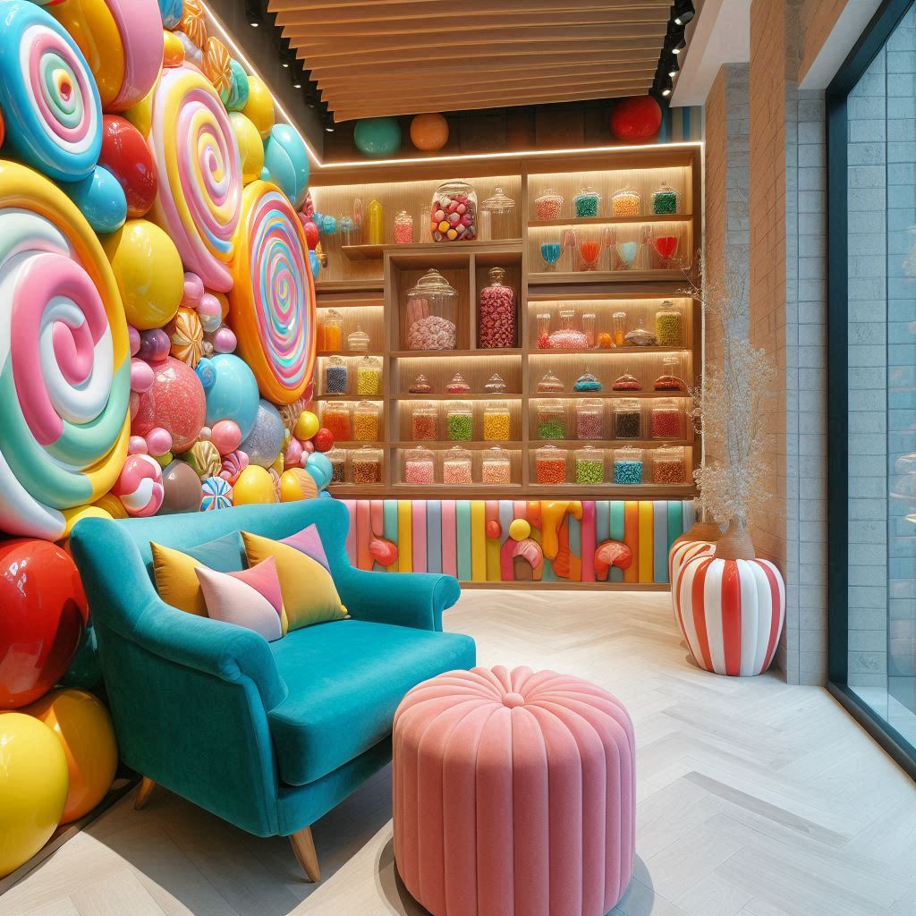 Interior Design Candy Store. accent piece like a brightly colored armchair. a candy-inspired sofa