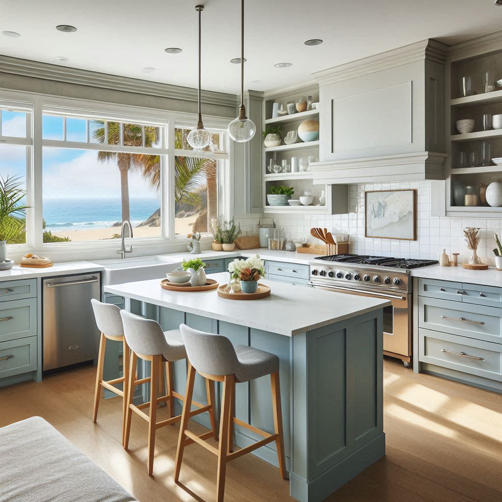 California Beach House Interior Design. kitchen. light blue cabinet, white countertop, soft gray accent