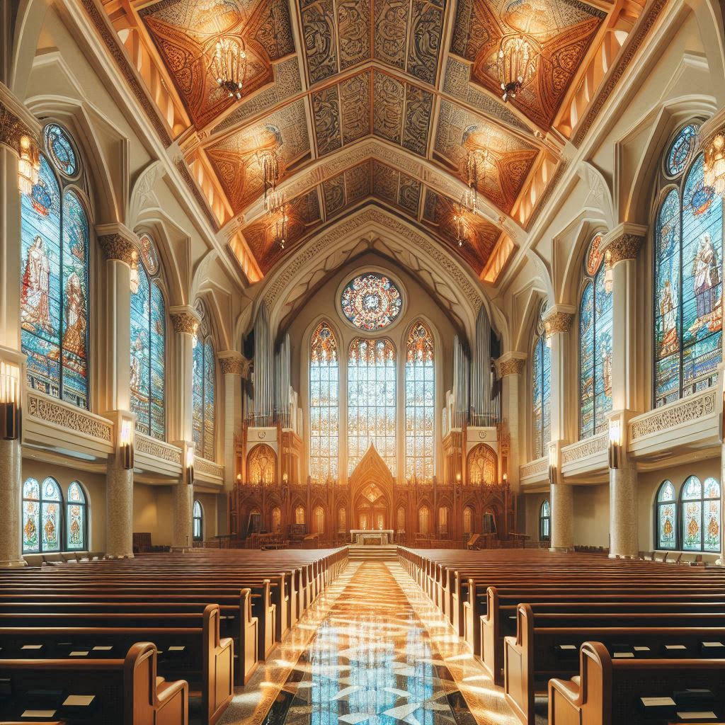 Church Building Interior Design. Custom stained glass designs