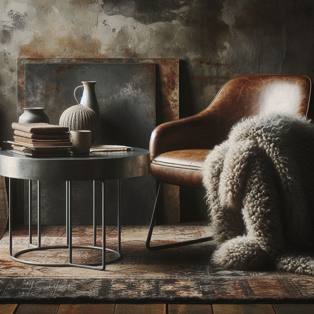 Grunge Interior Design. sleek metal table with a cozy, worn-in leather chair. mix velvet or wool, with harder materials such as concrete, metal, or glass.
