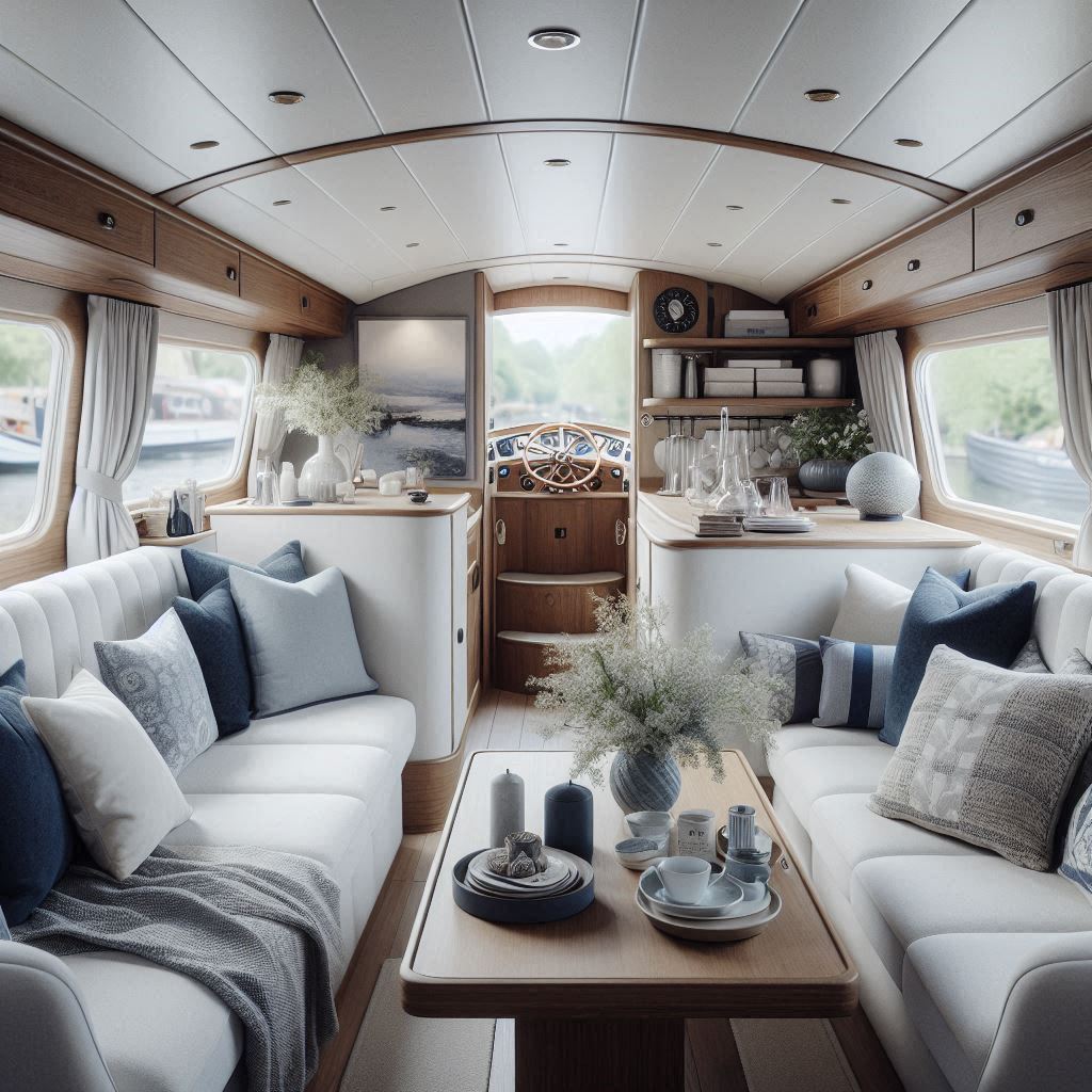 Canal Boat Interior Design. Soft whites, pale blues, and light grays. navy accent for cushions and sofa fabrics