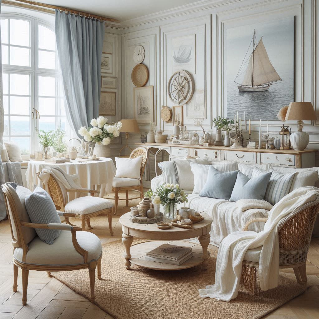 French Coastal Interior Design. cotton and linen fabrics. light-colored slipcovers for sofas, chairs. 