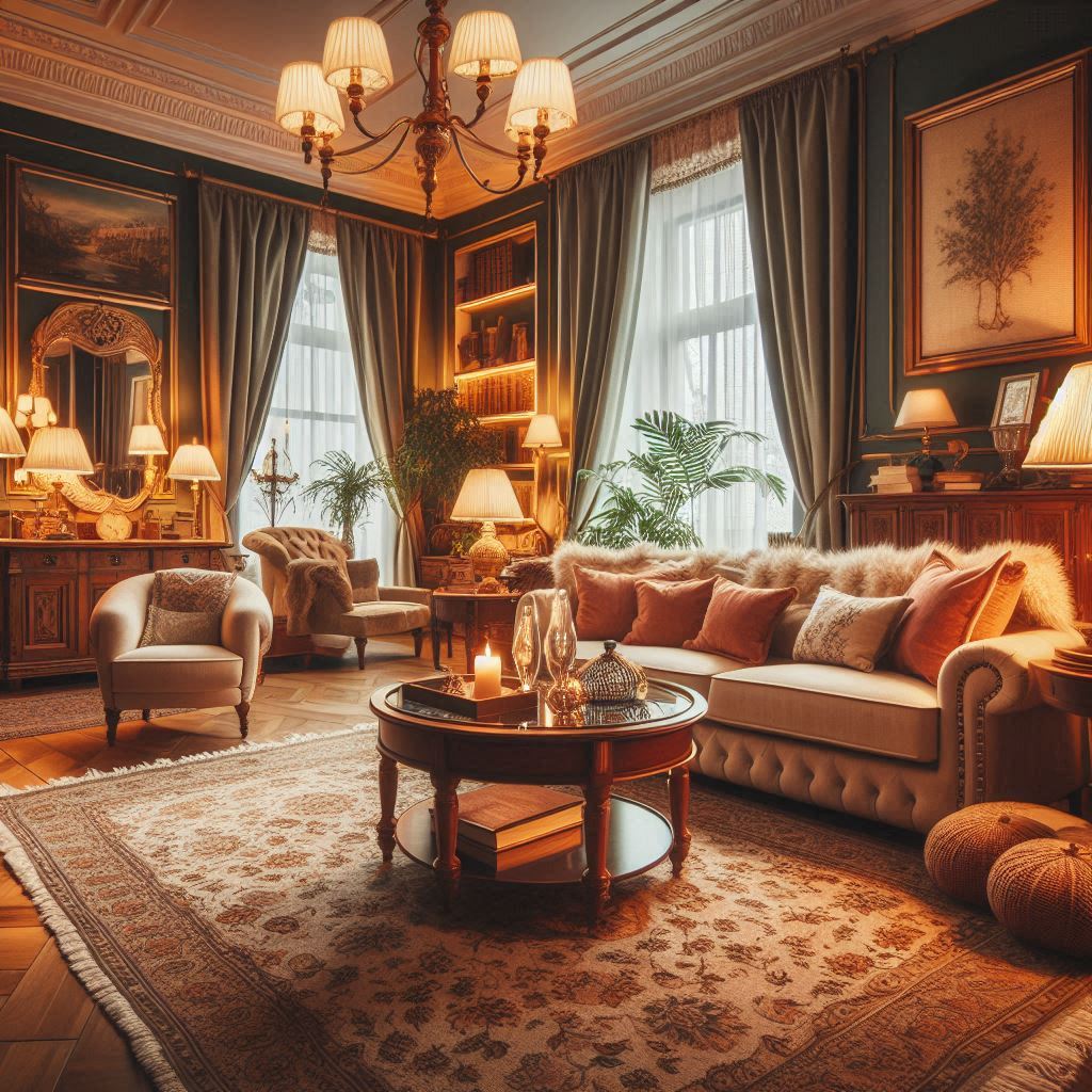 Classic American Interior Design. Cozy Living Room. soft area rug and warm lighting, such as table lamps or wall sconces