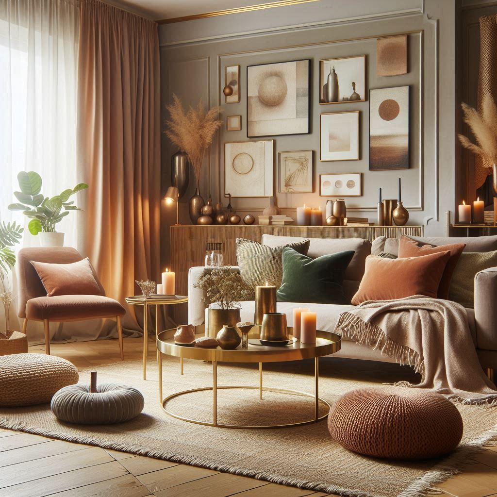 interior Design Trends 2025 Living Room. velvet cushions, woven rugs, and linen curtains. velvet throw pillow on a sleek sofa