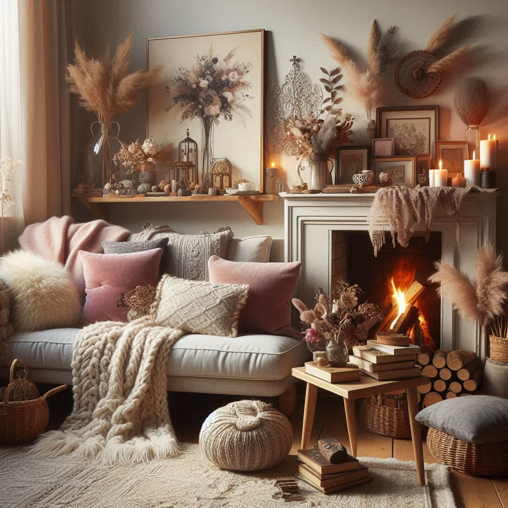 Country Romance Interior Design. Think soft wool throws, knitted blankets, plush rugs, and comfy cushions.  oft rug with a cozy blanket or layer a linen sofa with velvet cushions