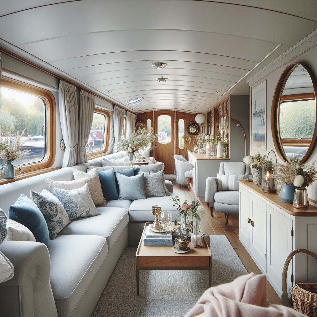 Canal Boat Interior Design. Soft whites, pale blues, and light grays. large round mirror