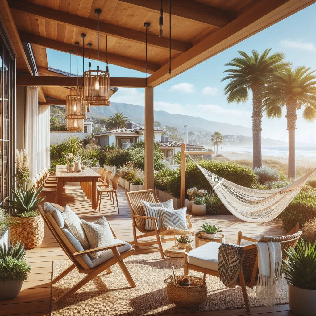 California Beach House Interior Design. Outdoor Space. Wooden chair. hammock. dining table for al fresco meals. few potted plants, such as succulents or palms