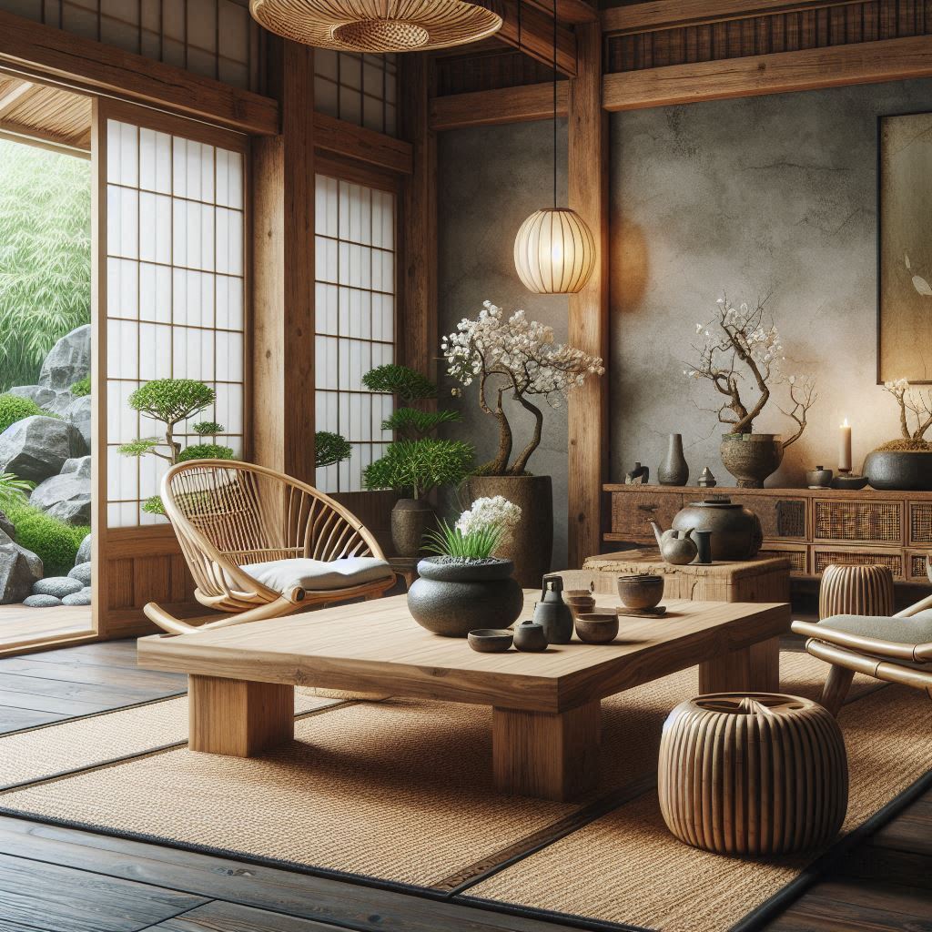 Zen Japanese Interior Design. wooden coffee table, bamboo chairs, stone walls. touch of greenery