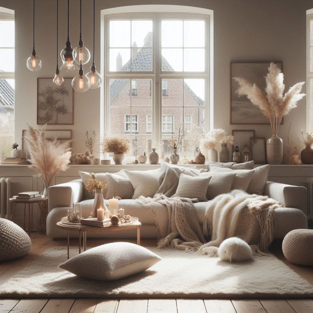 Dutch Interior Design. cozy minimalism. Neutral colors like whites, greys, and beiges. add warmth through soft fabrics like plush rugs, throw pillows, and blankets