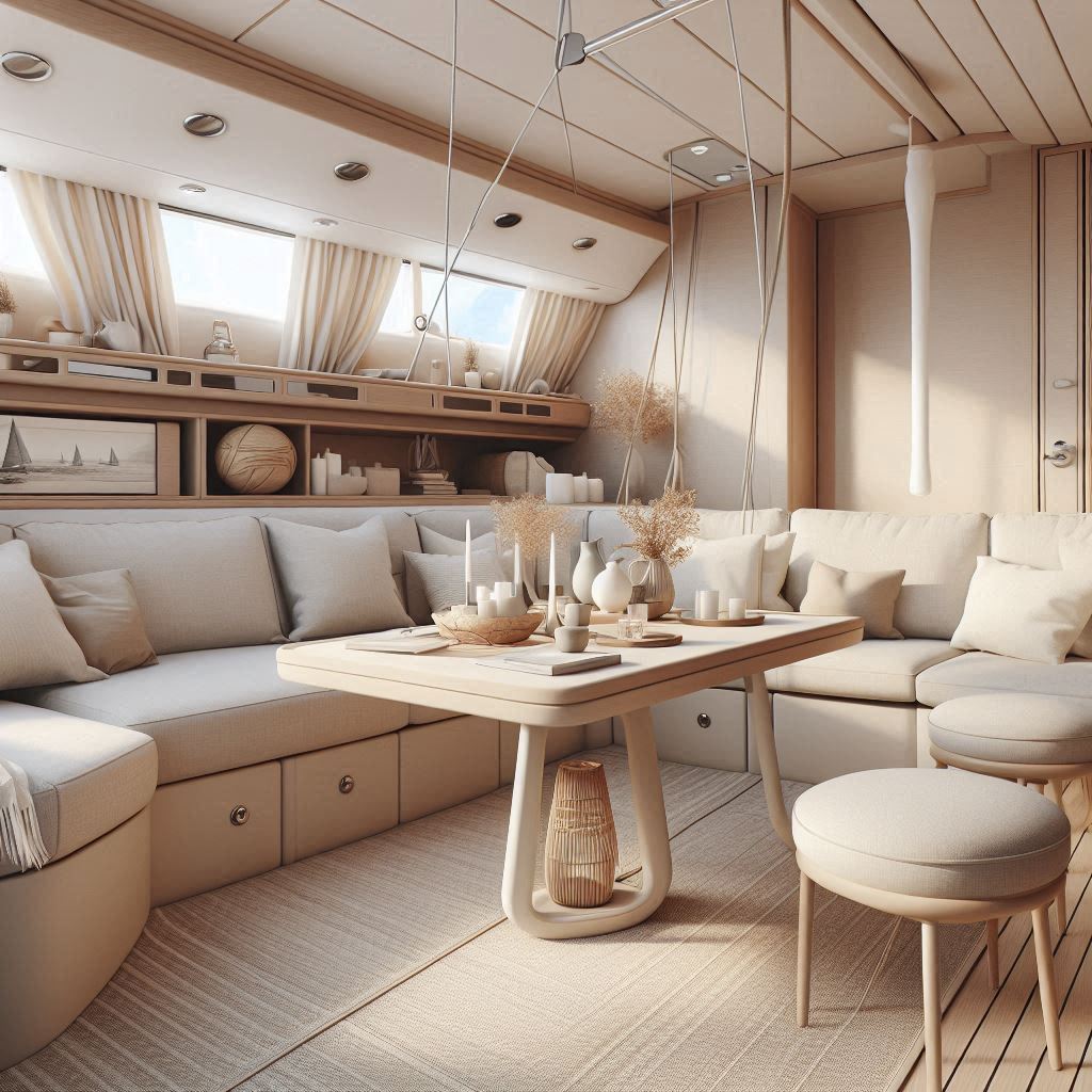 sailing boat interior design. white, beige, soft pastels interior