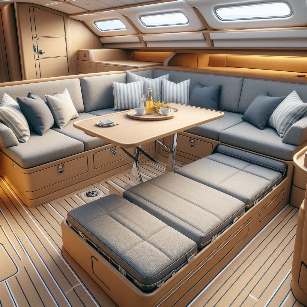 sailing boat interior design. Multi-Functional Furniture. sofa that convert in to bed. foldable table.