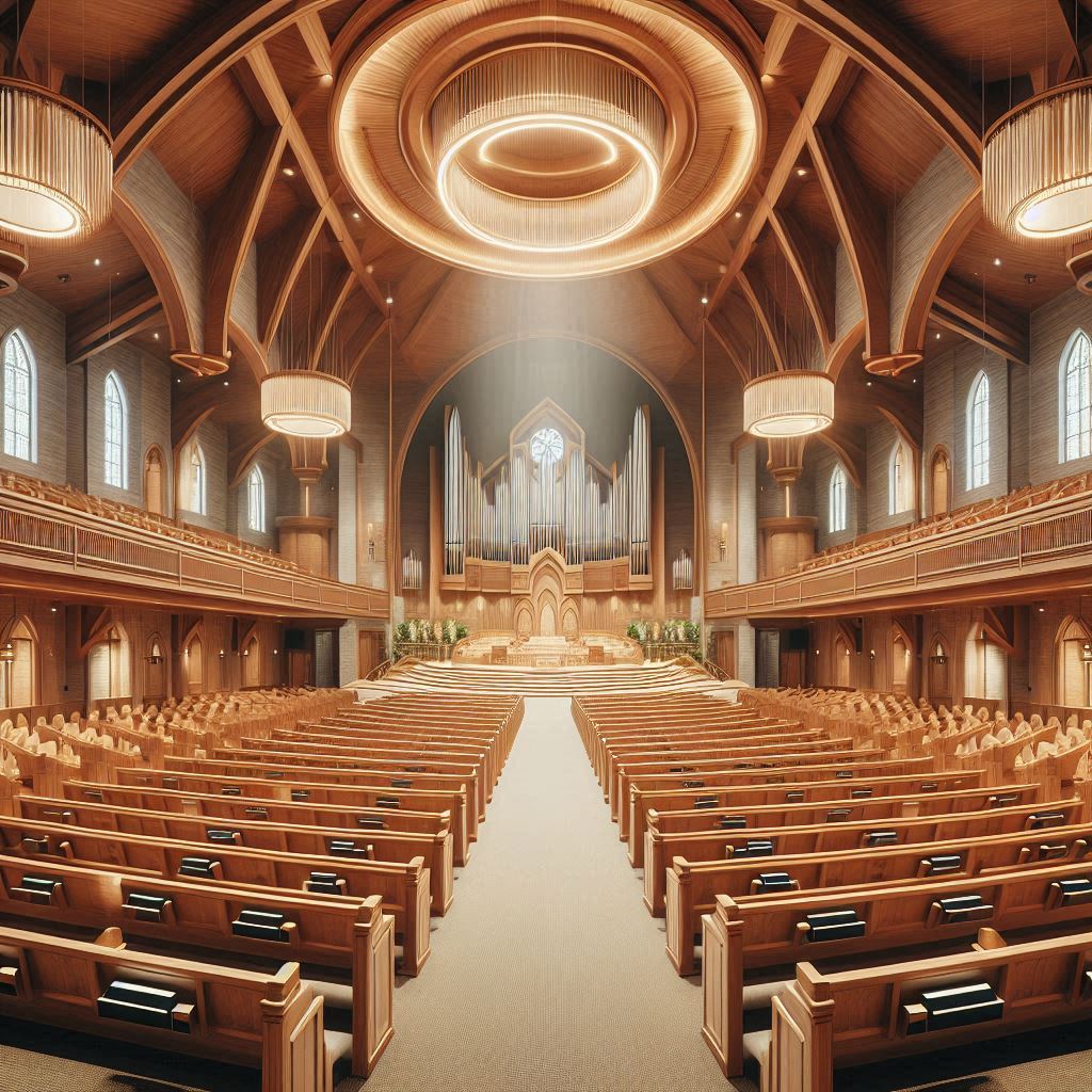 Church Building Interior Design. Traditional wooden pews. arranging chairs or pews in a semi-circular pattern. tiered seating with a clear view of the altar